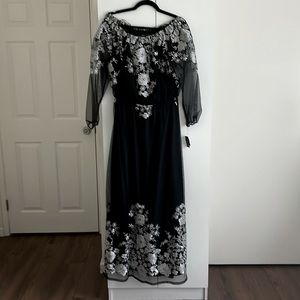 Black long dress with embroidery white flowers size 10 brand INC